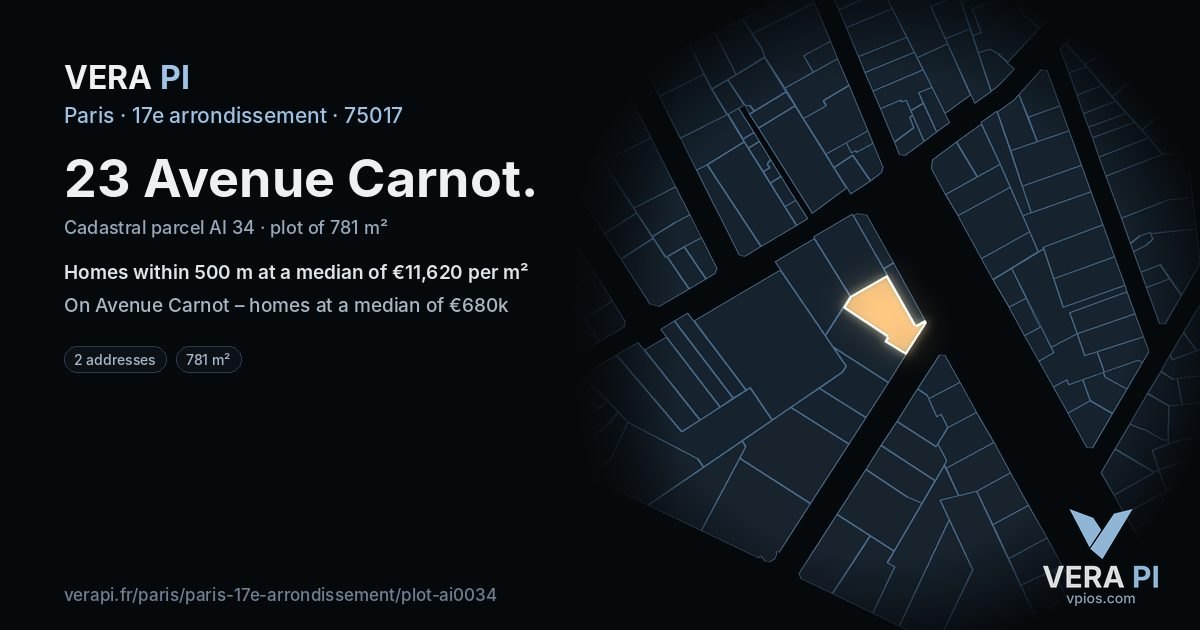 23 Avenue Carnot, 17e arrondissement at night – the plot lit, the parcels around coloured by the prices near them