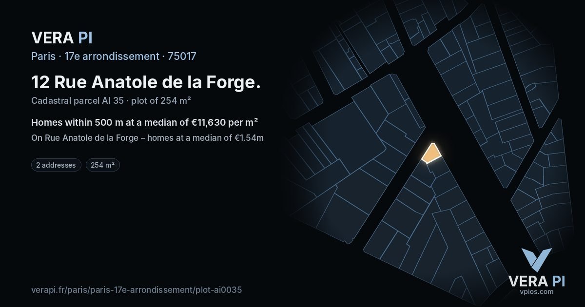 12 Rue Anatole de la Forge, 17e arrondissement at night – the plot lit, the parcels around coloured by the prices near them