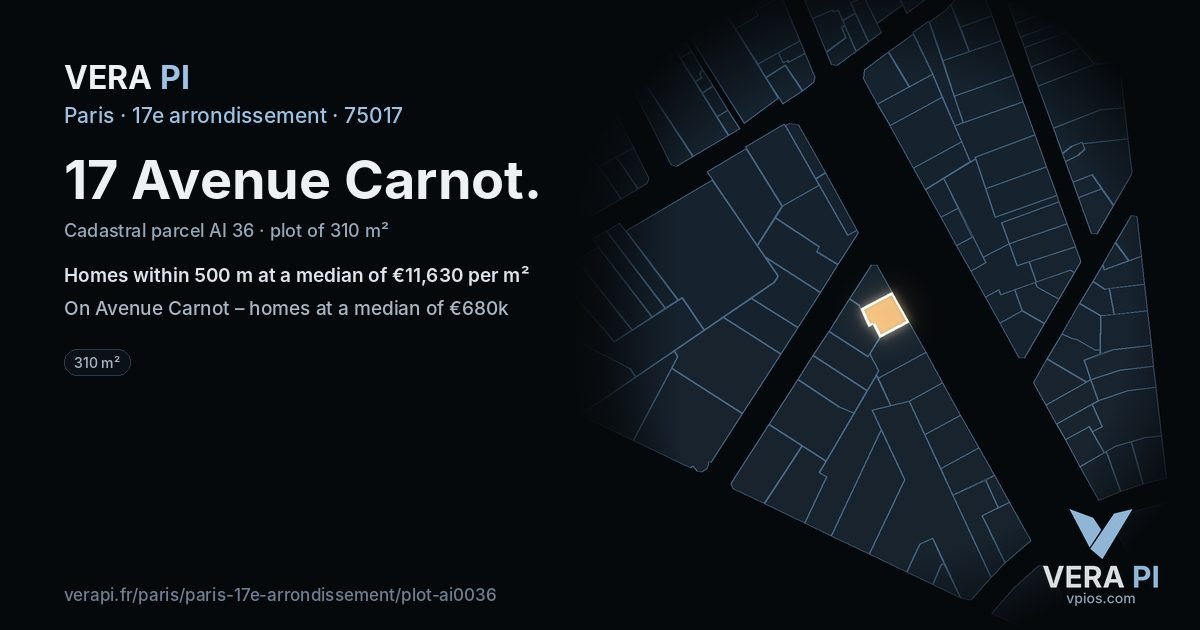 17 Avenue Carnot, 17e arrondissement at night – the plot lit, the parcels around coloured by the prices near them