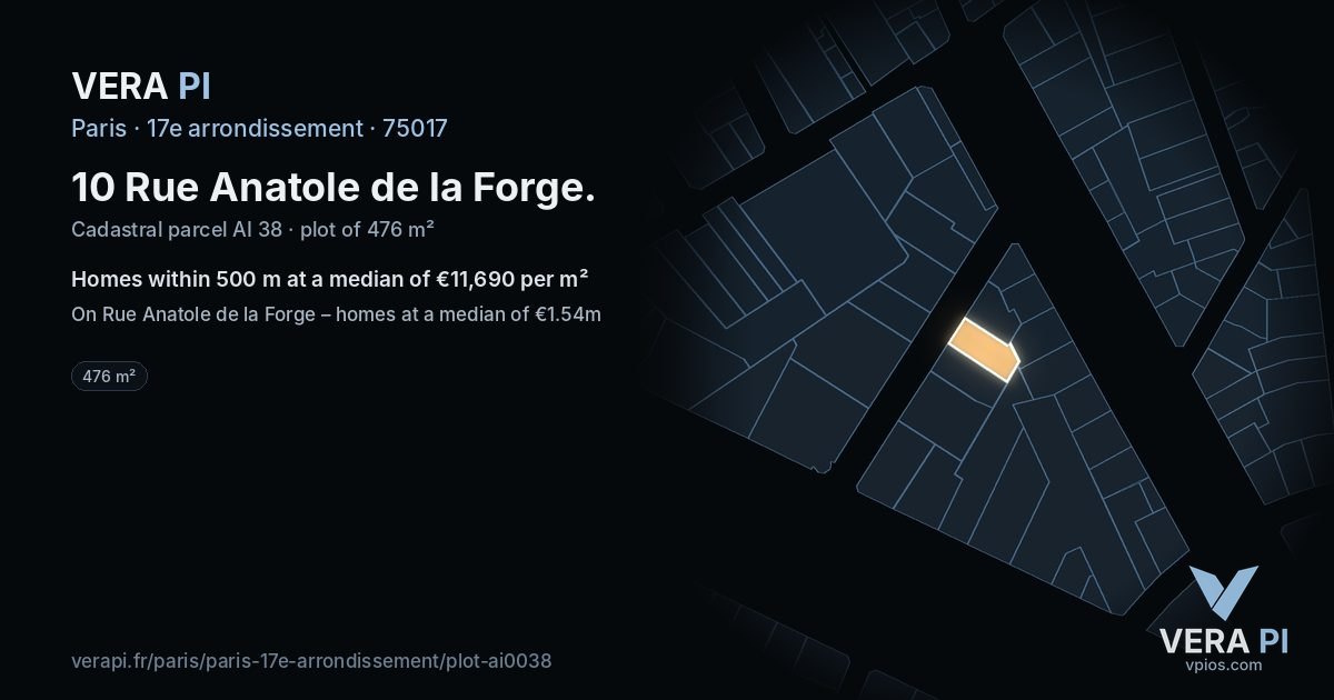 10 Rue Anatole de la Forge, 17e arrondissement at night – the plot lit, the parcels around coloured by the prices near them