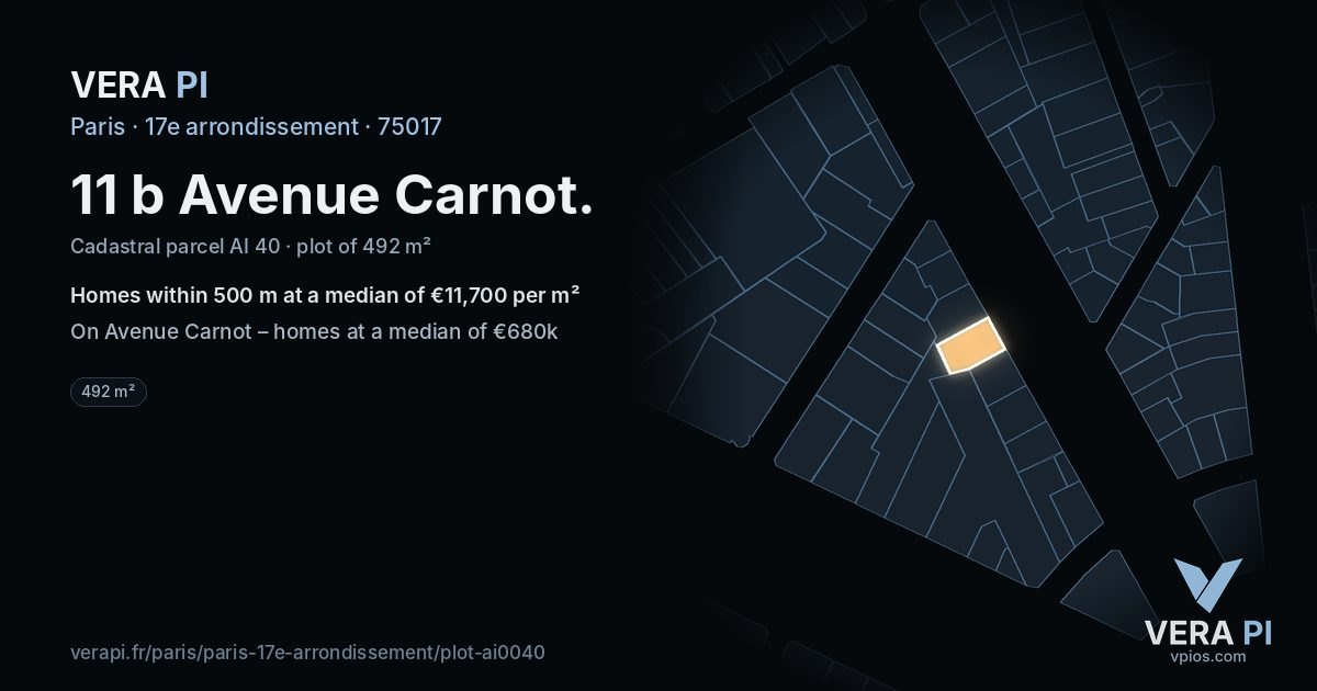 11 b Avenue Carnot, 17e arrondissement at night – the plot lit, the parcels around coloured by the prices near them