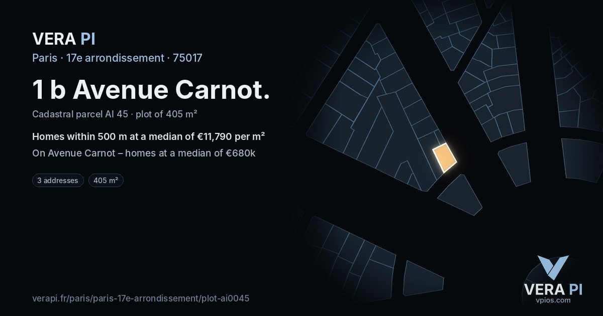 1 b Avenue Carnot, 17e arrondissement at night – the plot lit, the parcels around coloured by the prices near them
