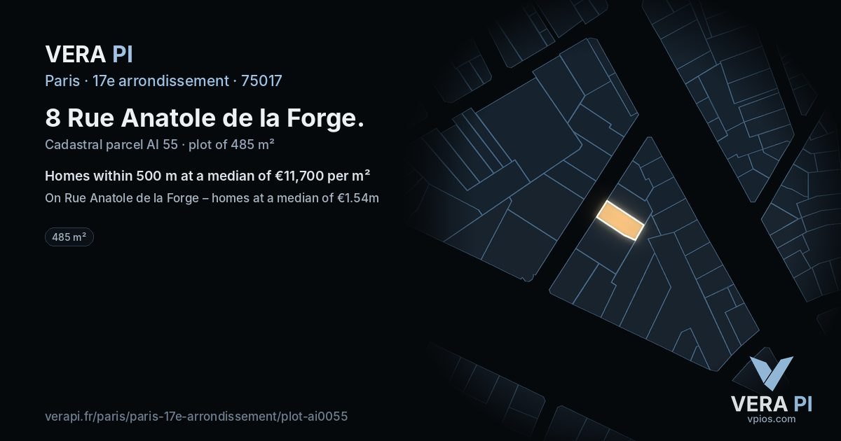 8 Rue Anatole de la Forge, 17e arrondissement at night – the plot lit, the parcels around coloured by the prices near them