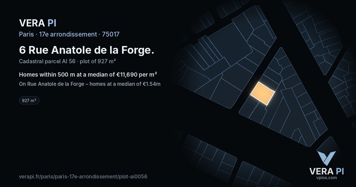 6 Rue Anatole de la Forge, 17e arrondissement at night – the plot lit, the parcels around coloured by the prices near them