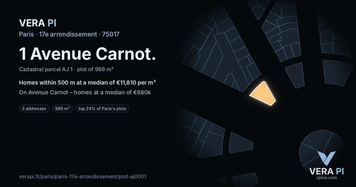 1 Avenue Carnot, 17e arrondissement at night – the plot lit, the parcels around coloured by the prices near them