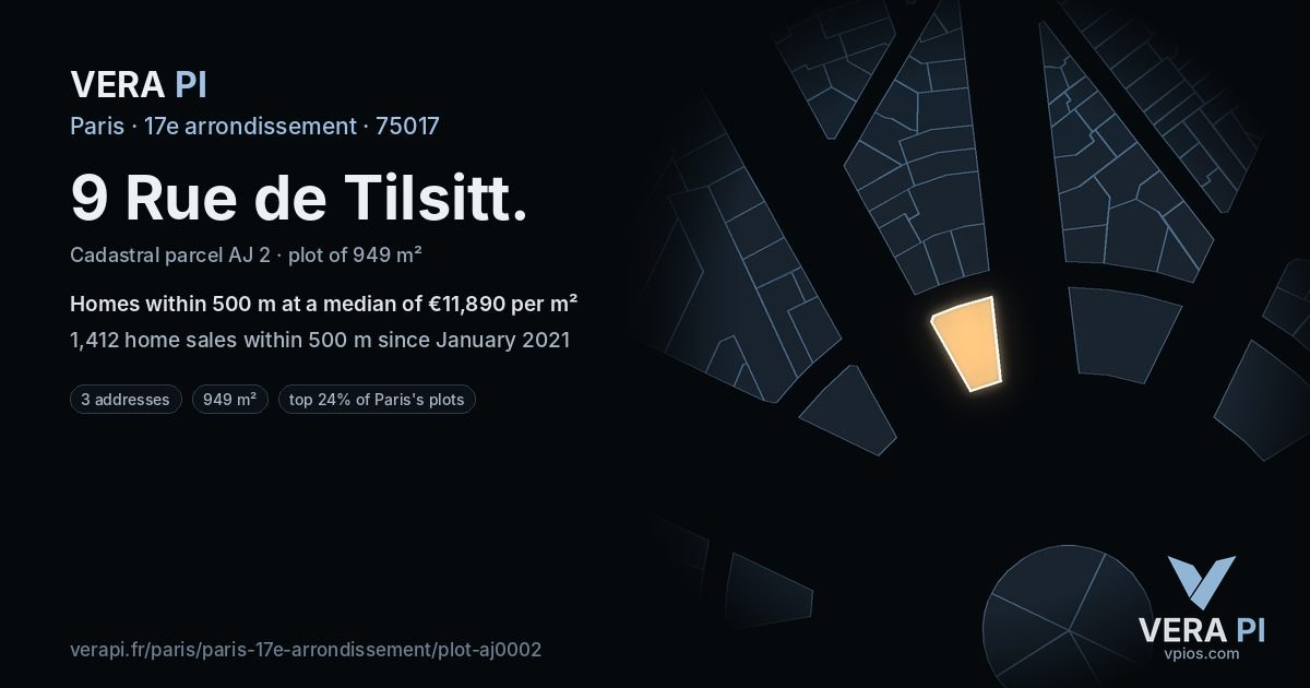 9 Rue de Tilsitt, 17e arrondissement at night – the plot lit, the parcels around coloured by the prices near them