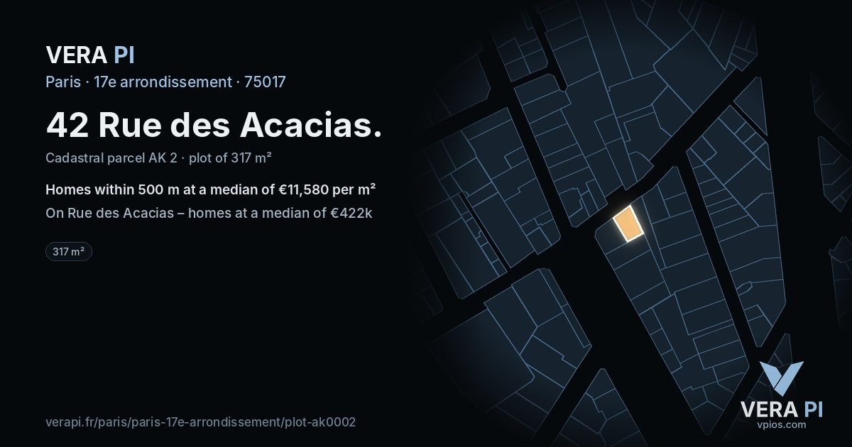 42 Rue des Acacias, 17e arrondissement at night – the plot lit, the parcels around coloured by the prices near them