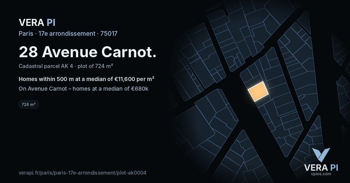 28 Avenue Carnot, 17e arrondissement at night – the plot lit, the parcels around coloured by the prices near them