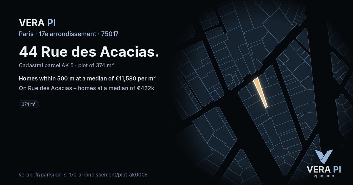 44 Rue des Acacias, 17e arrondissement at night – the plot lit, the parcels around coloured by the prices near them