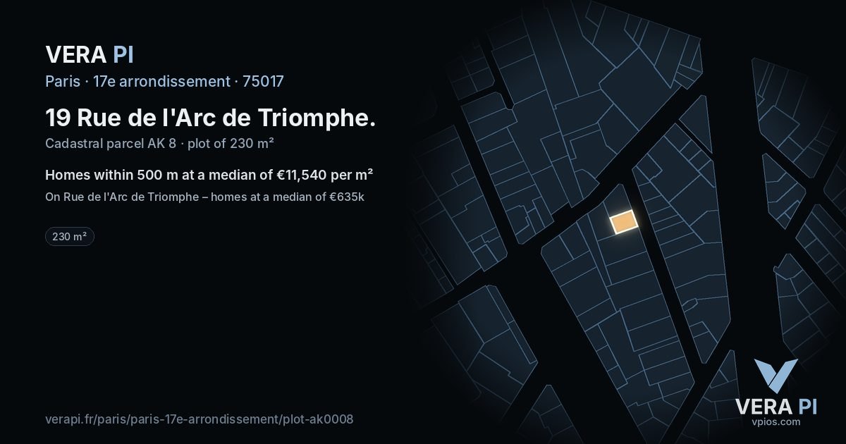 19 Rue de l'Arc de Triomphe, 17e arrondissement at night – the plot lit, the parcels around coloured by the prices near them