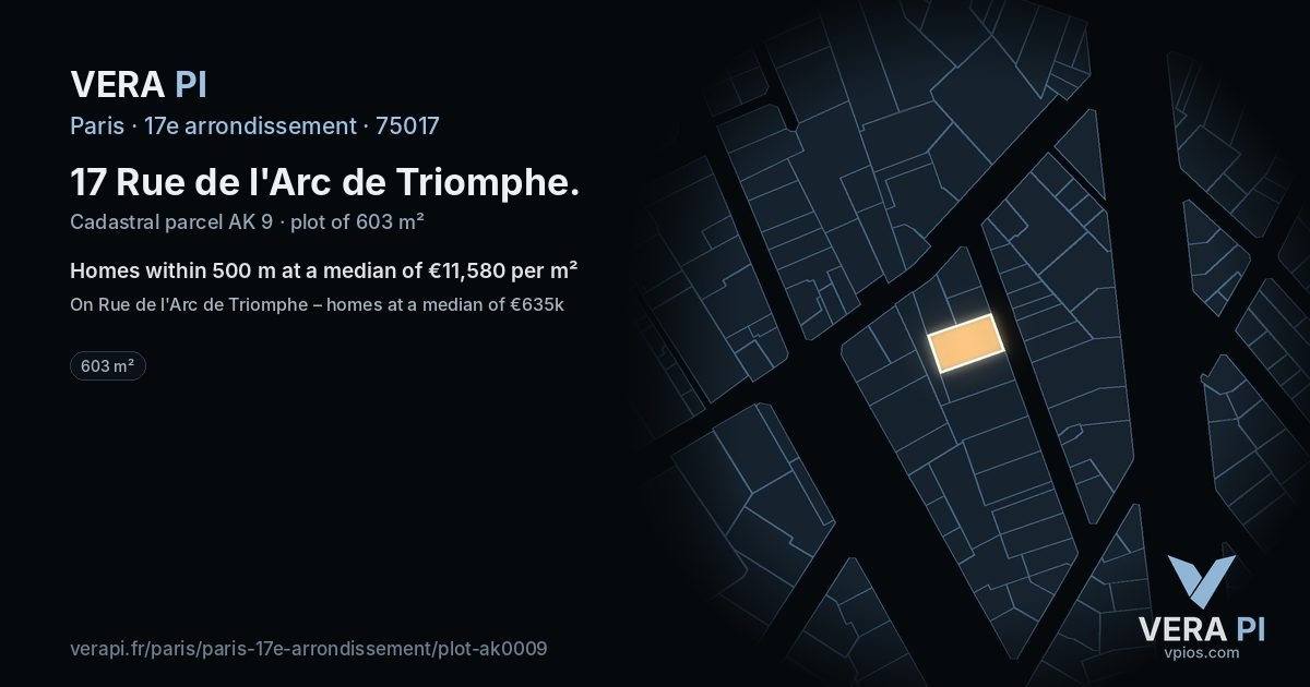 17 Rue de l'Arc de Triomphe, 17e arrondissement at night – the plot lit, the parcels around coloured by the prices near them