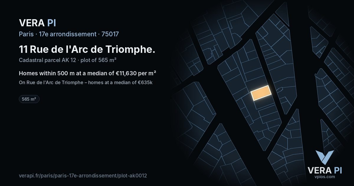 11 Rue de l'Arc de Triomphe, 17e arrondissement at night – the plot lit, the parcels around coloured by the prices near them