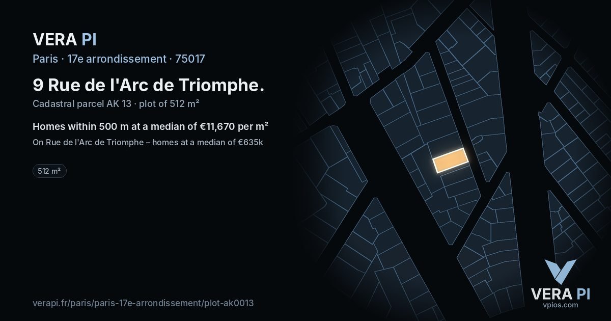 9 Rue de l'Arc de Triomphe, 17e arrondissement at night – the plot lit, the parcels around coloured by the prices near them