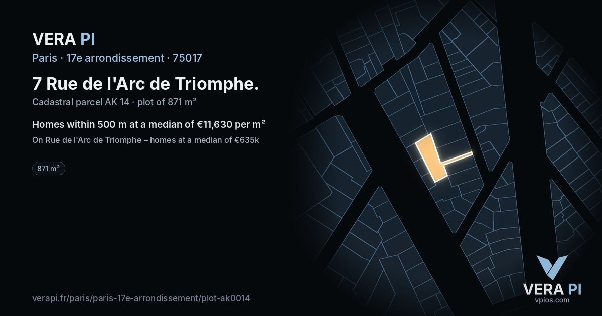 7 Rue de l'Arc de Triomphe, 17e arrondissement at night – the plot lit, the parcels around coloured by the prices near them