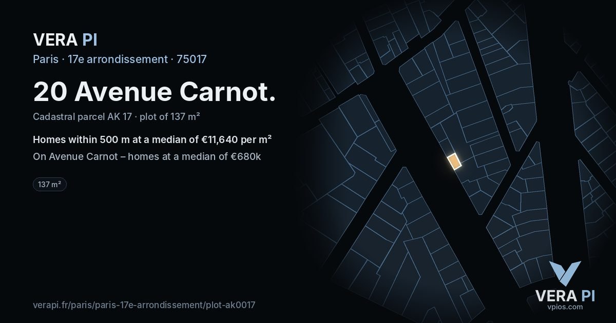 20 Avenue Carnot, 17e arrondissement at night – the plot lit, the parcels around coloured by the prices near them