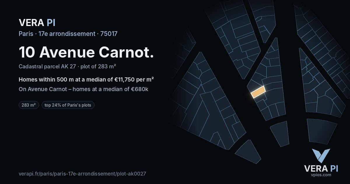 10 Avenue Carnot, 17e arrondissement at night – the plot lit, the parcels around coloured by the prices near them