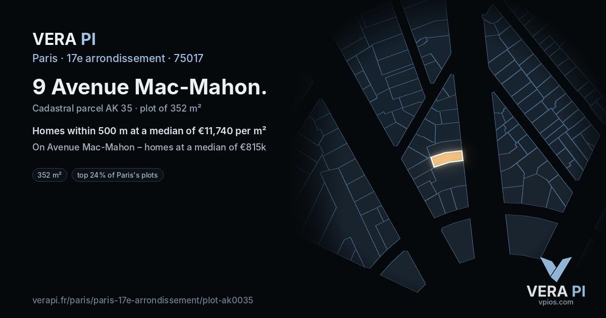 9 Avenue Mac-Mahon, 17e arrondissement at night – the plot lit, the parcels around coloured by the prices near them