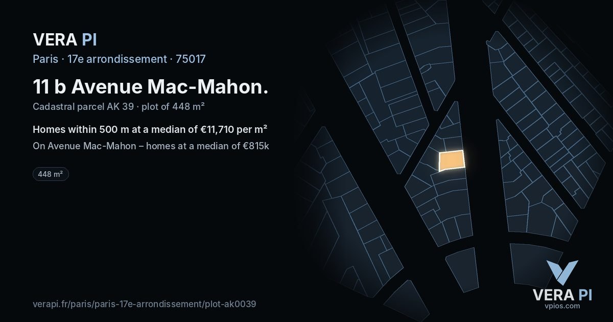 11 b Avenue Mac-Mahon, 17e arrondissement at night – the plot lit, the parcels around coloured by the prices near them