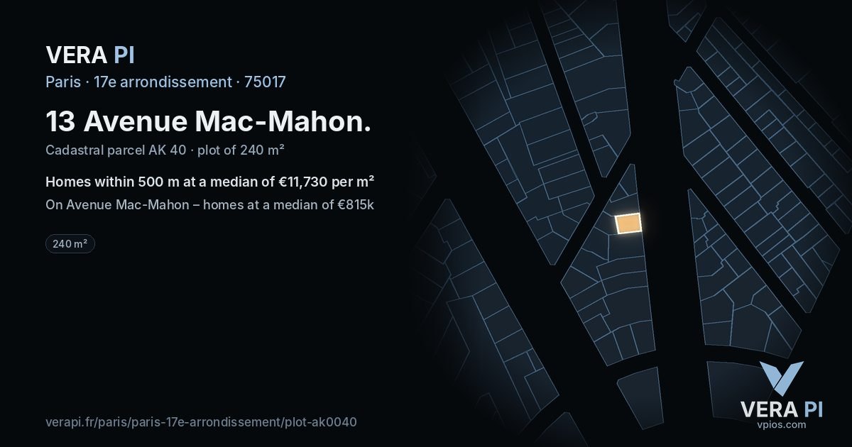 13 Avenue Mac-Mahon, 17e arrondissement at night – the plot lit, the parcels around coloured by the prices near them