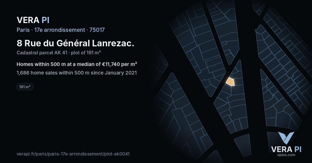8 Rue du Général Lanrezac, 17e arrondissement at night – the plot lit, the parcels around coloured by the prices near them