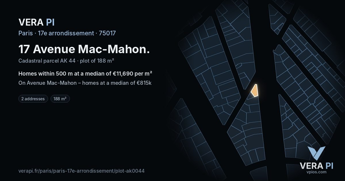 17 Avenue Mac-Mahon, 17e arrondissement at night – the plot lit, the parcels around coloured by the prices near them