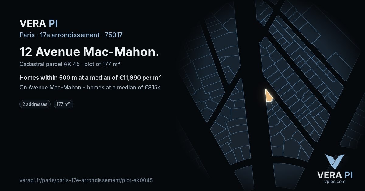 12 Avenue Mac-Mahon, 17e arrondissement at night – the plot lit, the parcels around coloured by the prices near them