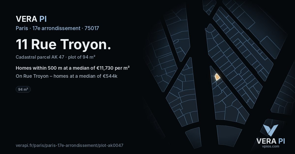 11 Rue Troyon, 17e arrondissement at night – the plot lit, the parcels around coloured by the prices near them