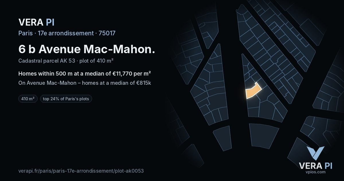 6 b Avenue Mac-Mahon, 17e arrondissement at night – the plot lit, the parcels around coloured by the prices near them