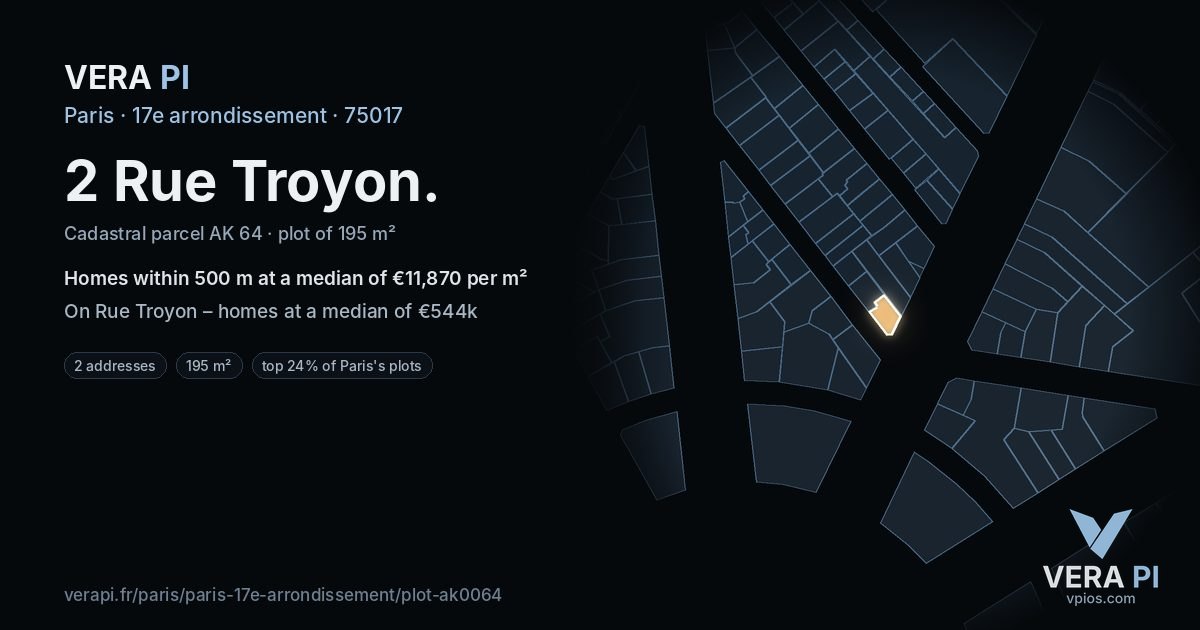 2 Rue Troyon, 17e arrondissement at night – the plot lit, the parcels around coloured by the prices near them