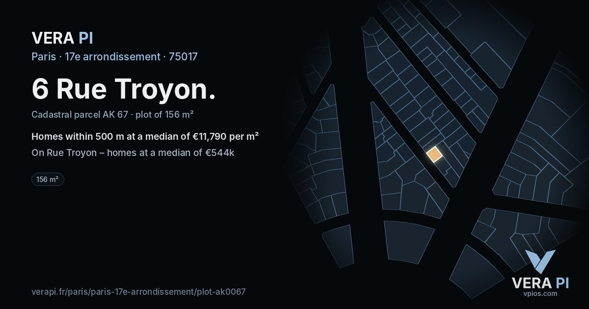 6 Rue Troyon, 17e arrondissement at night – the plot lit, the parcels around coloured by the prices near them