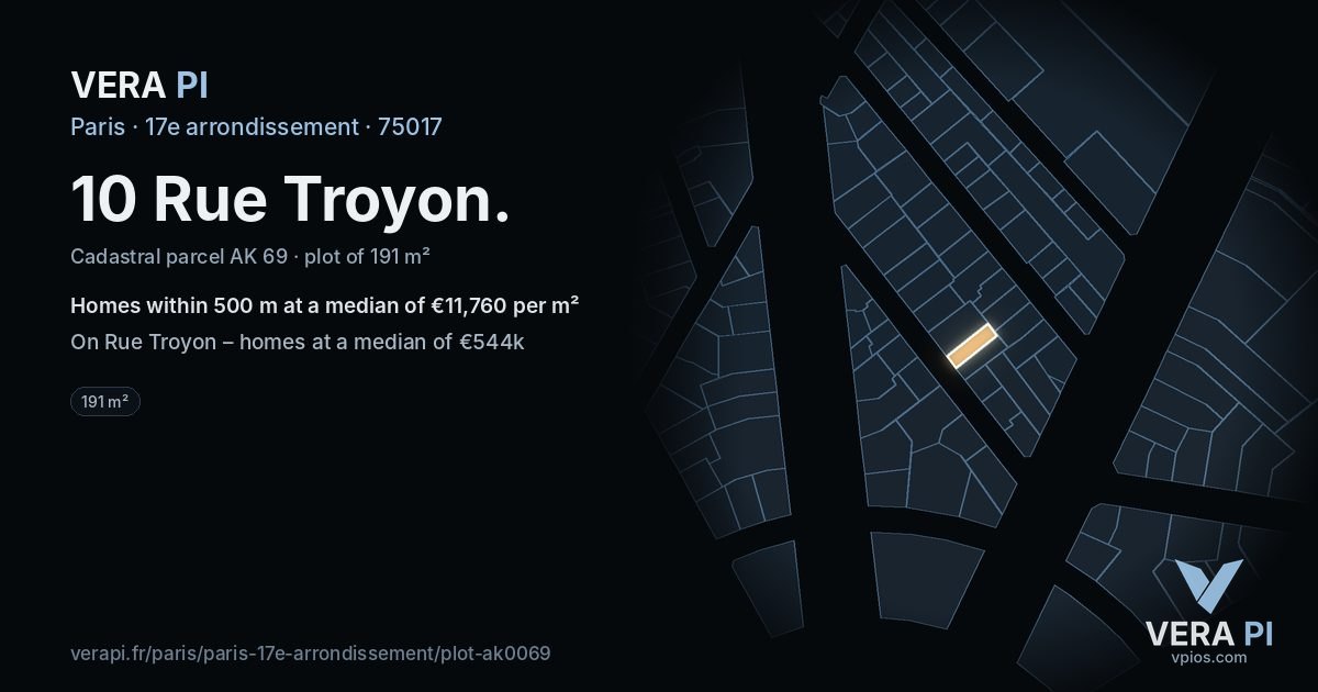 10 Rue Troyon, 17e arrondissement at night – the plot lit, the parcels around coloured by the prices near them
