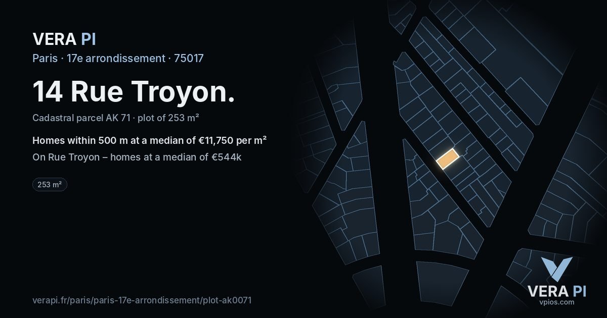 14 Rue Troyon, 17e arrondissement at night – the plot lit, the parcels around coloured by the prices near them