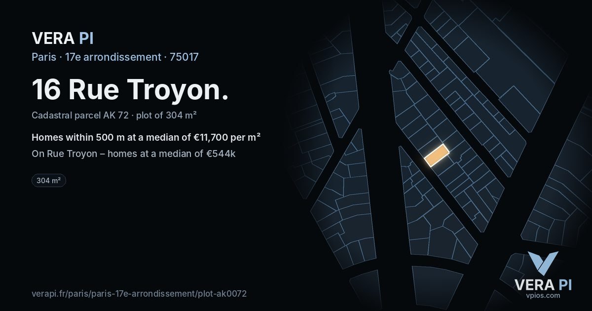 16 Rue Troyon, 17e arrondissement at night – the plot lit, the parcels around coloured by the prices near them