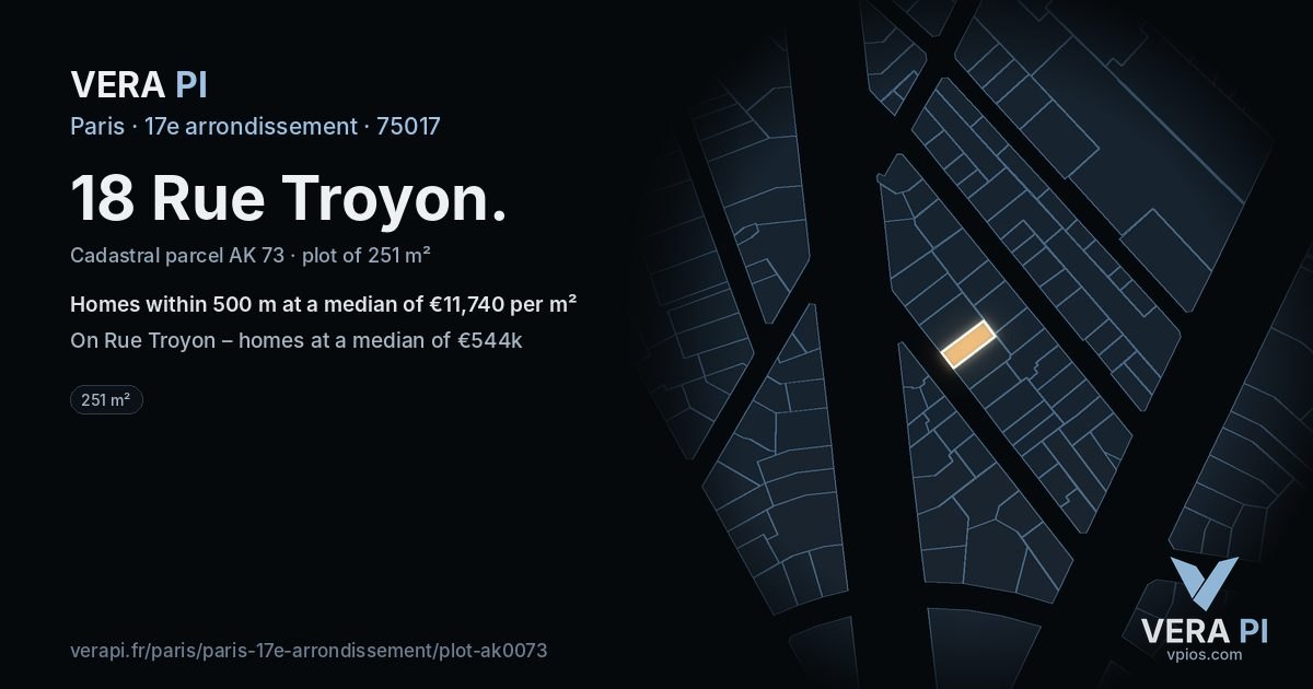 18 Rue Troyon, 17e arrondissement at night – the plot lit, the parcels around coloured by the prices near them