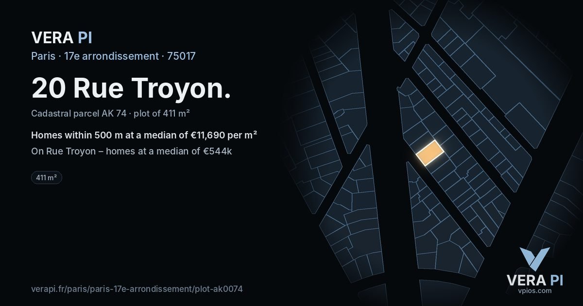 20 Rue Troyon, 17e arrondissement at night – the plot lit, the parcels around coloured by the prices near them
