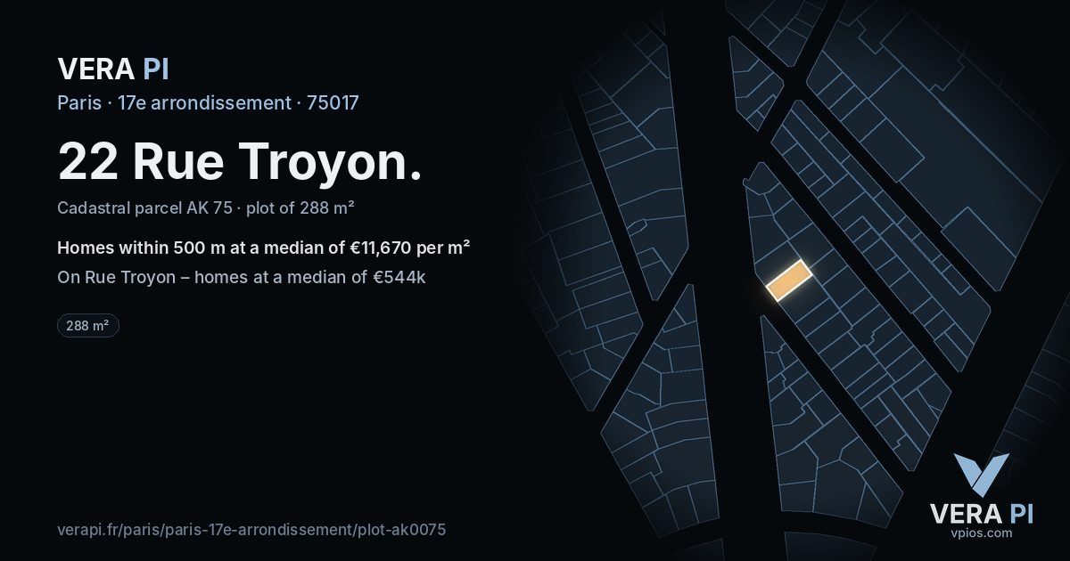 22 Rue Troyon, 17e arrondissement at night – the plot lit, the parcels around coloured by the prices near them