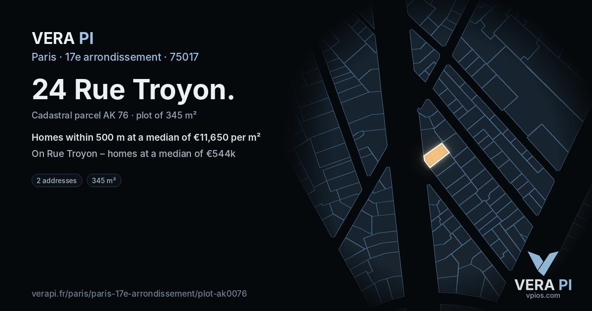 24 Rue Troyon, 17e arrondissement at night – the plot lit, the parcels around coloured by the prices near them
