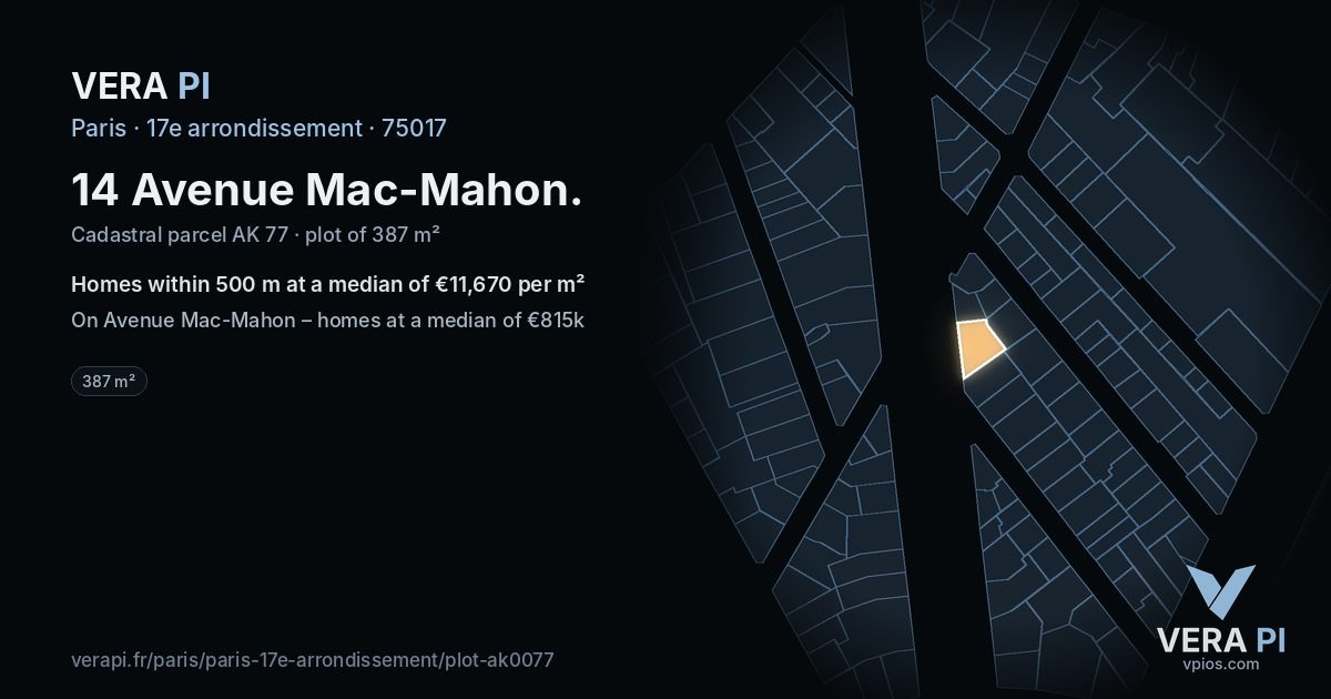 14 Avenue Mac-Mahon, 17e arrondissement at night – the plot lit, the parcels around coloured by the prices near them