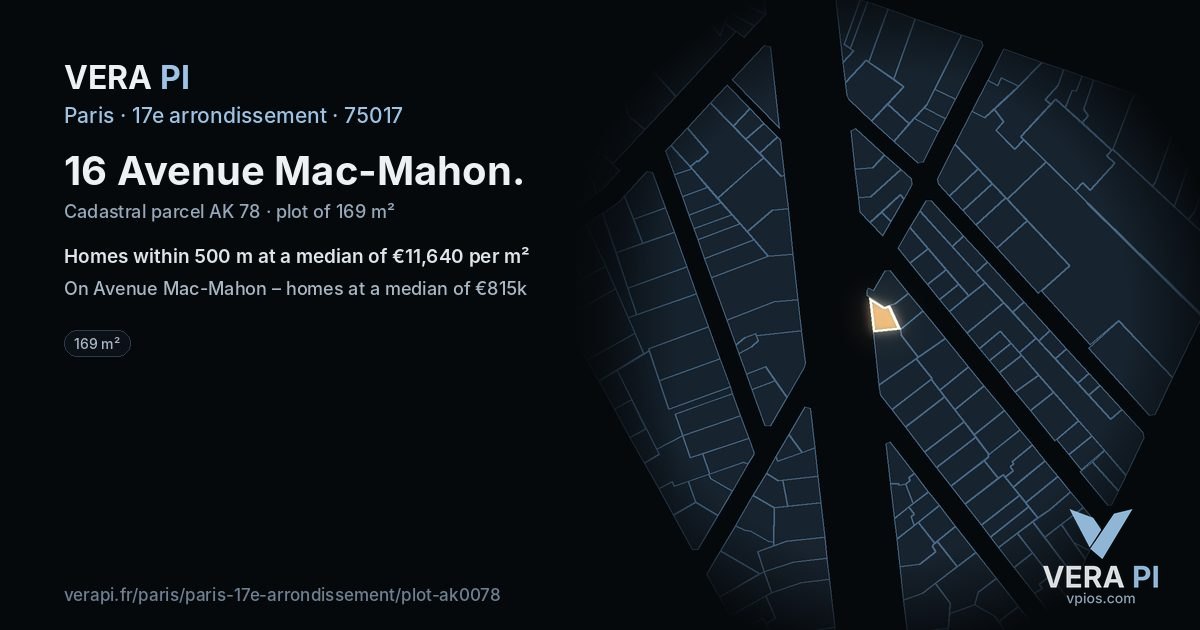 16 Avenue Mac-Mahon, 17e arrondissement at night – the plot lit, the parcels around coloured by the prices near them