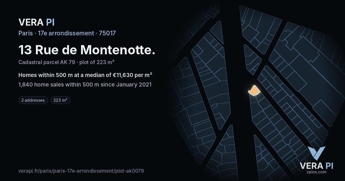 13 Rue de Montenotte, 17e arrondissement at night – the plot lit, the parcels around coloured by the prices near them