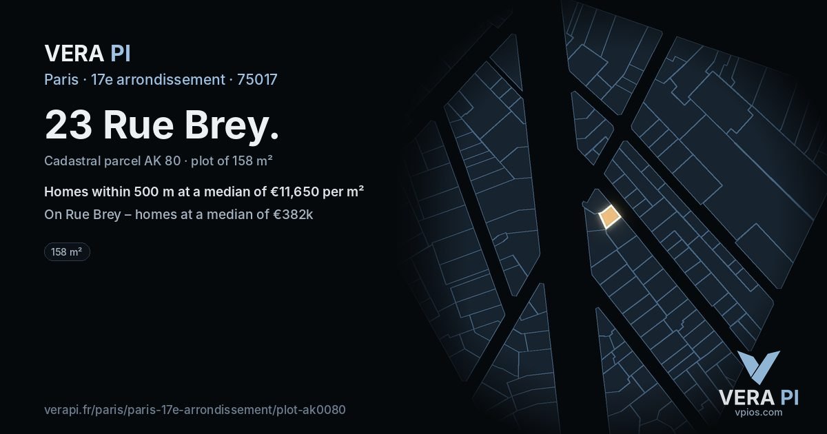 23 Rue Brey, 17e arrondissement at night – the plot lit, the parcels around coloured by the prices near them