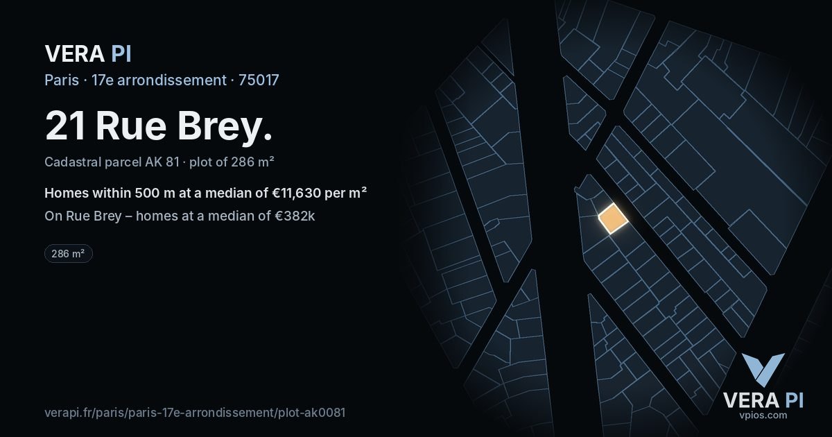 21 Rue Brey, 17e arrondissement at night – the plot lit, the parcels around coloured by the prices near them