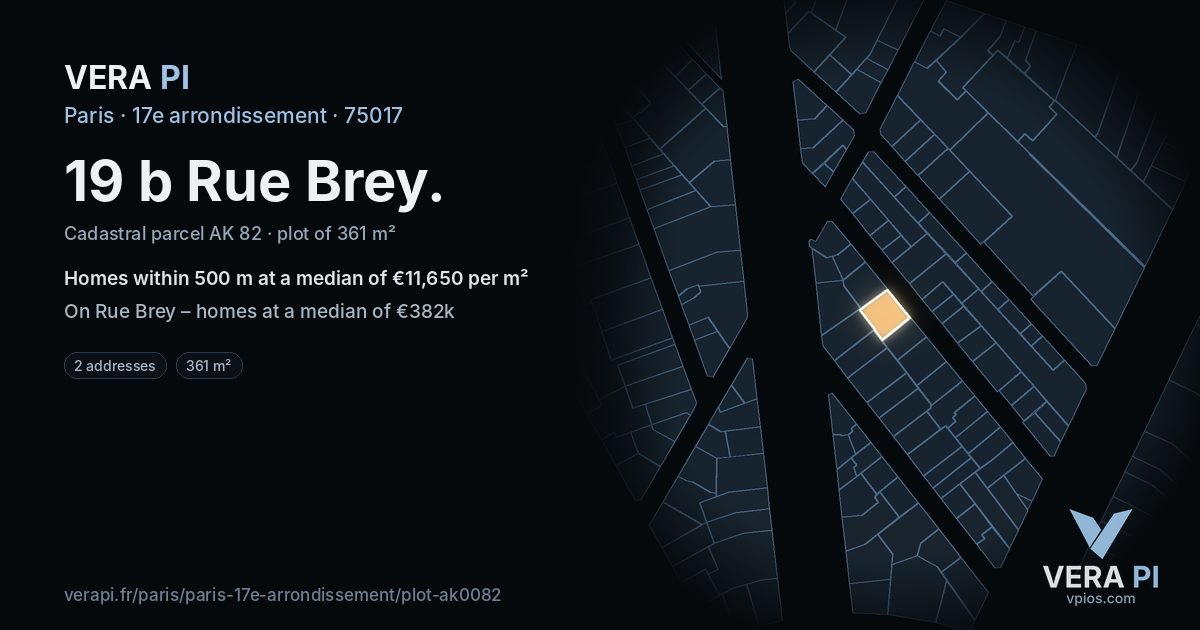 19 b Rue Brey, 17e arrondissement at night – the plot lit, the parcels around coloured by the prices near them