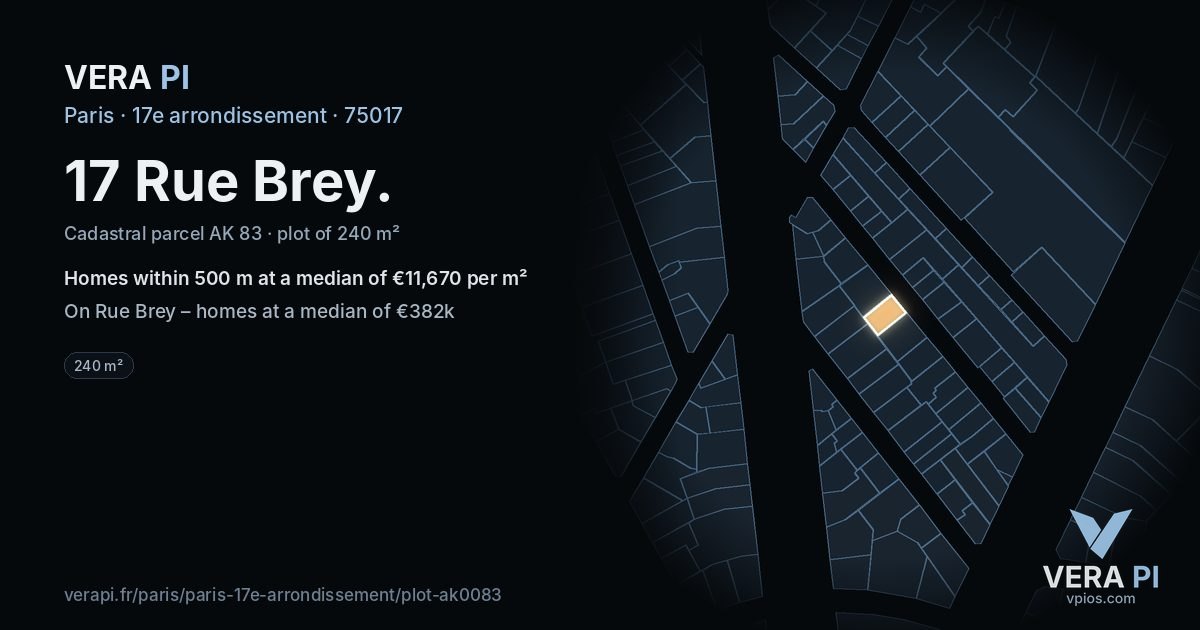 17 Rue Brey, 17e arrondissement at night – the plot lit, the parcels around coloured by the prices near them