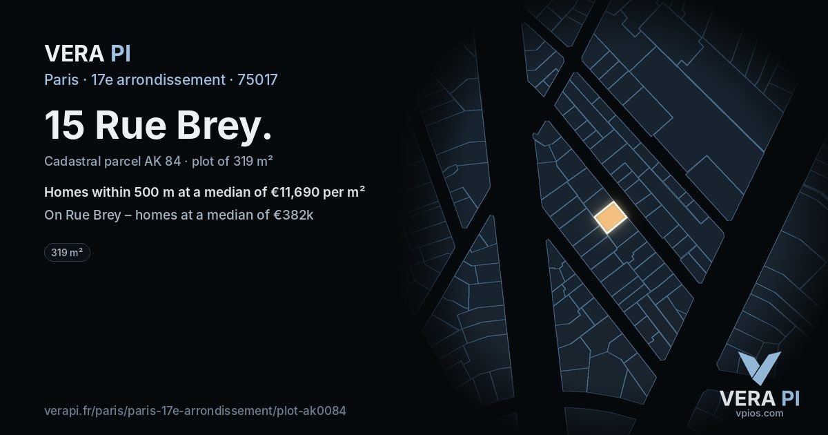 15 Rue Brey, 17e arrondissement at night – the plot lit, the parcels around coloured by the prices near them