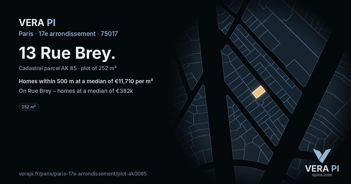 13 Rue Brey, 17e arrondissement at night – the plot lit, the parcels around coloured by the prices near them