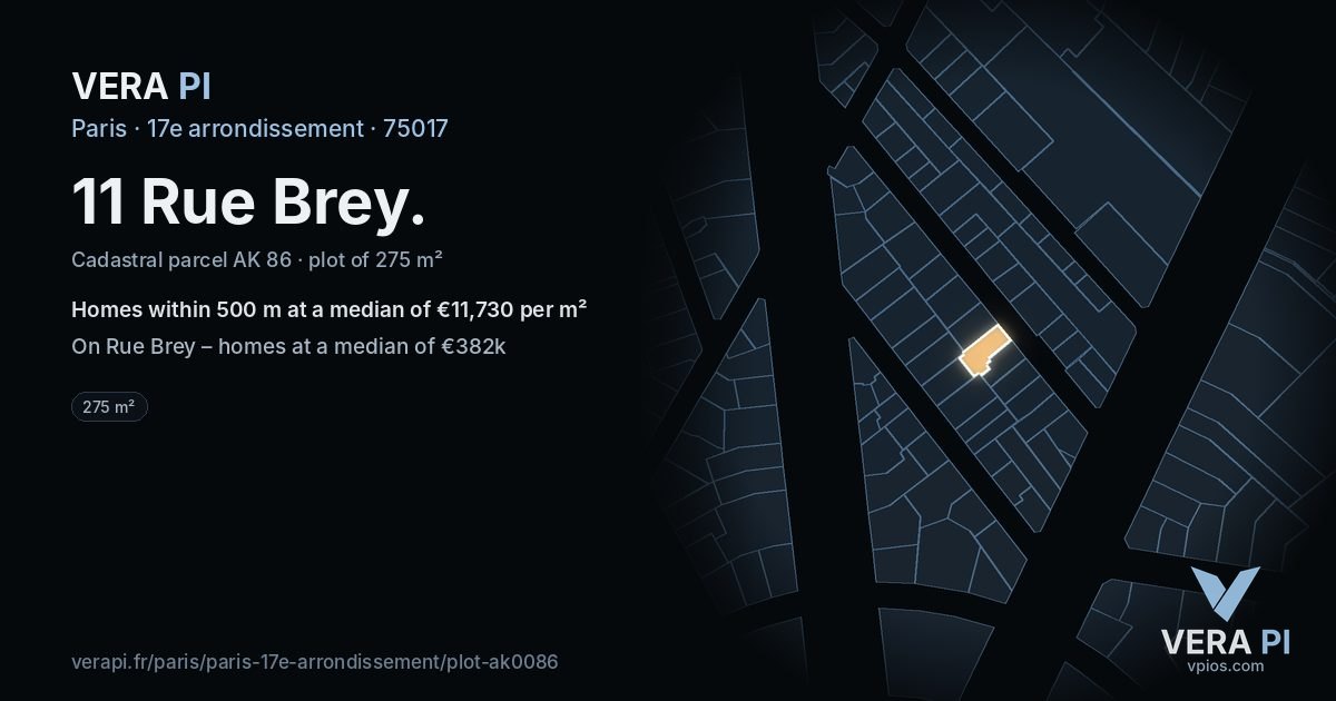 11 Rue Brey, 17e arrondissement at night – the plot lit, the parcels around coloured by the prices near them