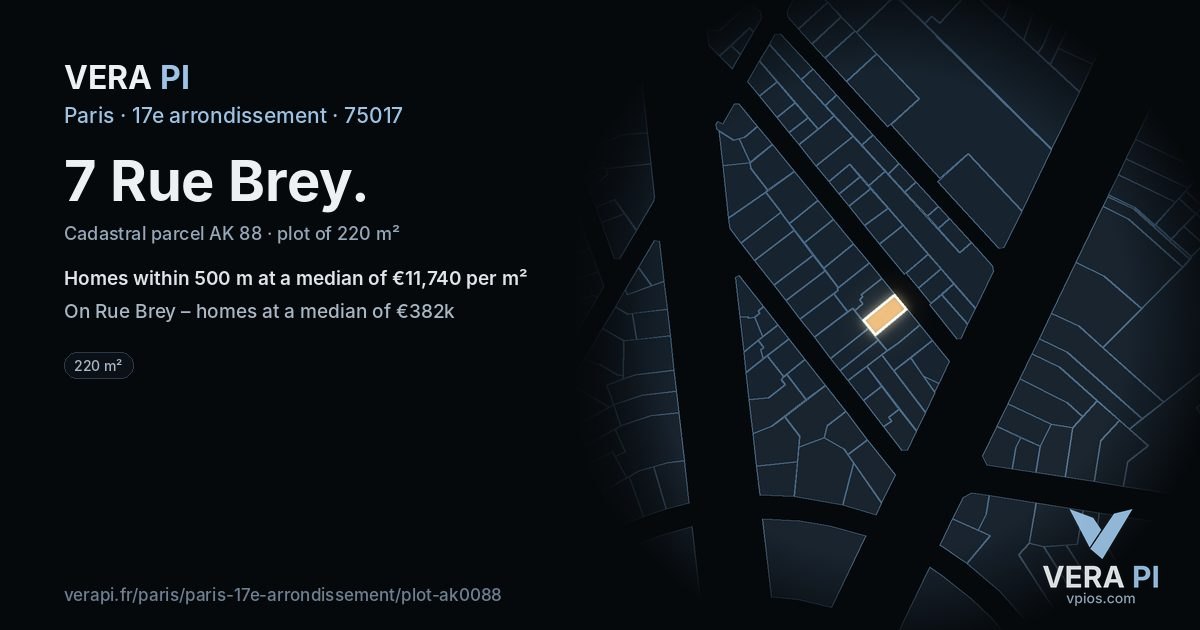 7 Rue Brey, 17e arrondissement at night – the plot lit, the parcels around coloured by the prices near them