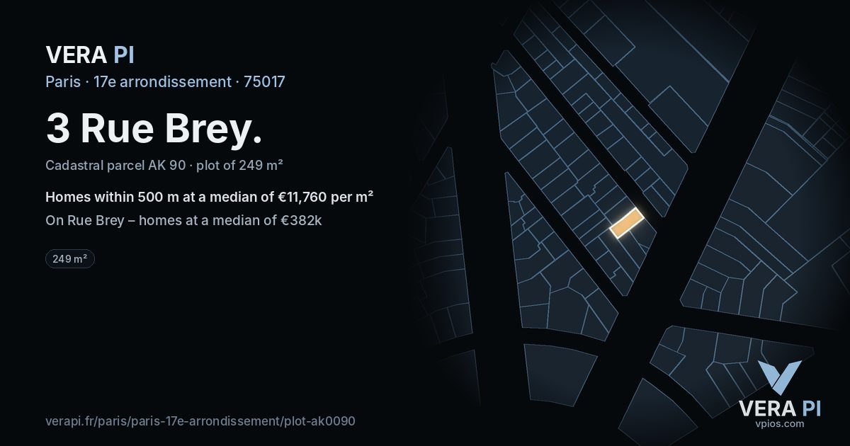 3 Rue Brey, 17e arrondissement at night – the plot lit, the parcels around coloured by the prices near them
