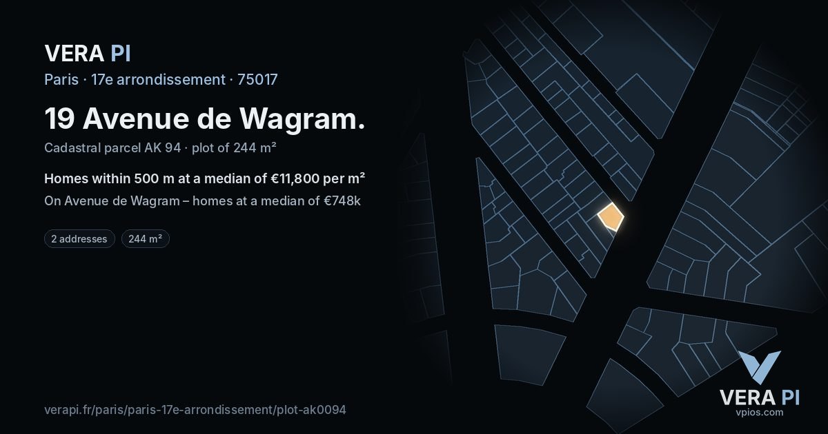 19 Avenue de Wagram, 17e arrondissement at night – the plot lit, the parcels around coloured by the prices near them